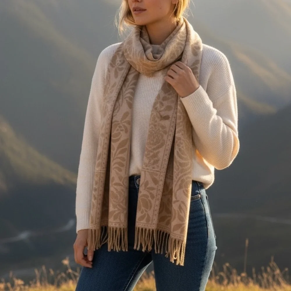 NWT Made in Italy Charter Club Tan Beige Fringe Accent Floral Border Scarf Wrap